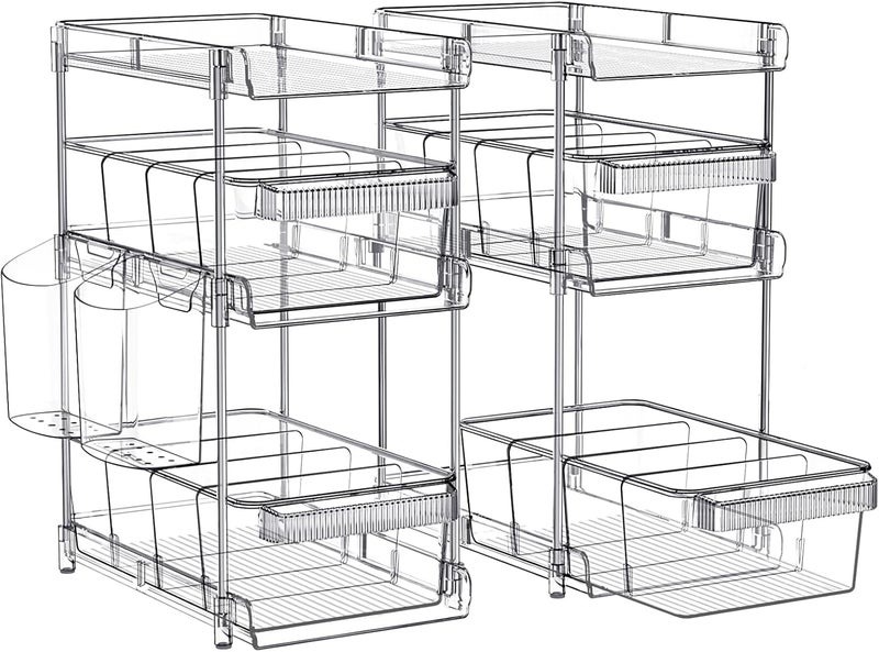 WAKISA Clear Bathroom Organizers 2 Sets 3 Tier, Pull Out Organizer and Storage with 2 Cups, Slide Out Drawer Storage Container with 6 Dividers, Multi-Purpose Bathroom Organizer, Kitchen Under Sink Organizer - Image 1